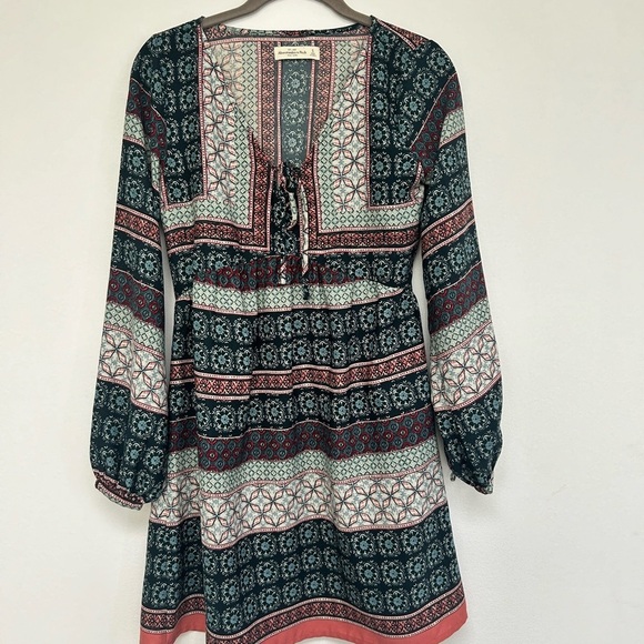 Abercrombie & Fitch Boho Green Pink Black Vneck Aline Flowy Dress size S - Picture 8 of 8